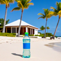 Caribbean Holidays, Caribbean Health Advice, Traveller drinking bottled water beside a shaded Caribbean beach with palm trees and a small hotel in the background