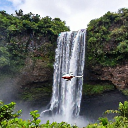 Caribbean Holidays, Caribbean Helicopter Tours, A helicopter hovering near a dramatic Caribbean waterfall surrounded by dense green rainforest and rugged mountains