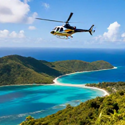 Caribbean Holidays, Caribbean Helicopter Tours, A modern helicopter flying above a bright Caribbean island, turquoise sea, green hills and dramatic coastline visible below