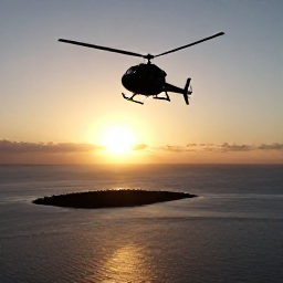 Caribbean Holidays, Caribbean Helicopter Tours, Aerial view of a Caribbean island at sunset, helicopter silhouette above calm sea and glowing coastline