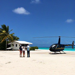 Caribbean Holidays, Caribbean Helicopter Tours, Friendly helicopter pilot speaking with holidaymakers beside a small tropical island airfield before a scenic flight