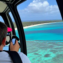 Caribbean Holidays, Caribbean Helicopter Tours, Passengers looking out of helicopter windows at a tropical Caribbean coastline, with clear water, beaches and reef below