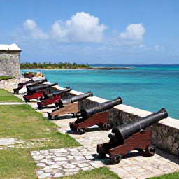 Caribbean Holidays, Caribbean Heritage Museums, Caribbean coastal fort museum overlooking turquoise sea, old cannons, stone walls and visitors walking through the ramparts