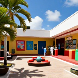Caribbean Holidays, Caribbean Heritage Museums, Friendly Caribbean cultural museum courtyard with colourful art, local crafts, tropical sunshine and travellers discovering exhibits
