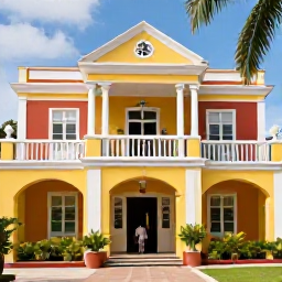 Caribbean Holidays, Caribbean Heritage Museums, Historic Caribbean museum building with colourful colonial architecture, tropical plants and visitors exploring the entrance
