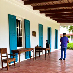 Caribbean Holidays, Caribbean Heritage Museums, Restored Caribbean colonial house museum with shaded veranda, historic furniture and a guide speaking to holiday visitors
