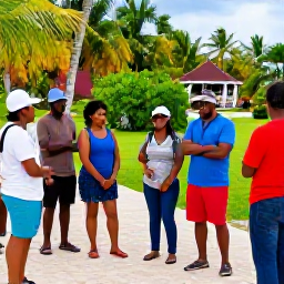 Caribbean Holidays, Caribbean Heritage, Travellers enjoying an informative Caribbean cultural tour with a friendly local guide, surrounded by tropical scenery