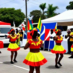 Caribbean Holidays, Caribbean History, A Caribbean cultural festival with dancers in bright traditional clothing, musicians, colourful flags and a cheerful crowd