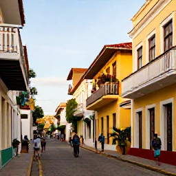 Caribbean Holidays, Caribbean History, A colourful Caribbean heritage street with historic colonial buildings, local people, tropical plants and warm afternoon light