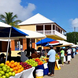 Caribbean Holidays, Caribbean History, A lively Caribbean market with colourful stalls, tropical fruit, handmade crafts, local shoppers and traditional architecture