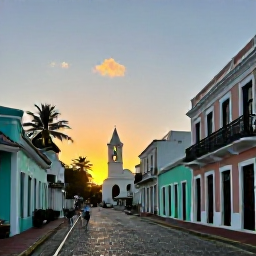 Caribbean Holidays, Caribbean History, A peaceful Caribbean historic town at sunset with pastel buildings, a church, palm trees and visitors walking along a cobbled street
