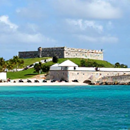 Caribbean Holidays, Caribbean History, A well-preserved Caribbean colonial fort on a hill above a turquoise harbour, with cannons, palm trees and visitors exploring