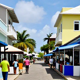 Caribbean Holidays, Caribbean History, Caribbean historic town street with colourful buildings, market stalls, local people and tropical plants