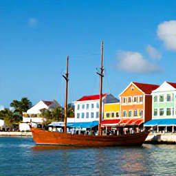 Caribbean Holidays, Caribbean History, Colourful historic Caribbean harbour with colonial buildings, wooden sailing boats and bright tropical sunlight