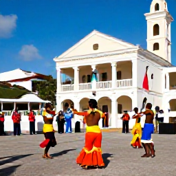 Caribbean Holidays, Caribbean History, Friendly Caribbean cultural festival with dancers in colourful costumes, musicians, flags and historic town buildings