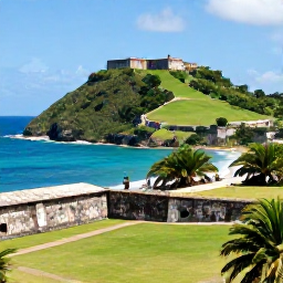 Caribbean Holidays, Caribbean History, Historic Caribbean fort on a green hillside overlooking a turquoise bay, with stone walls and tropical vegetation