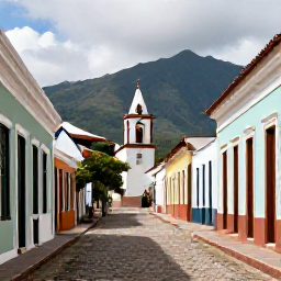 Caribbean Holidays, Caribbean History, Well-preserved Caribbean colonial town with pastel buildings, cobbled street, church tower and mountains in the distance
