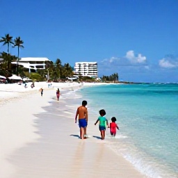 Caribbean Holidays, Caribbean Holiday Reviews, Caribbean family enjoying calm shallow sea, soft sand and safe swimming near a comfortable beachfront resort
