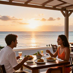 Caribbean Holidays, Caribbean Holiday Reviews, Couple dining at a relaxed open-air Caribbean restaurant at sunset, with local dishes and ocean views