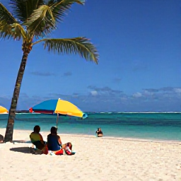 Caribbean Holidays, Caribbean Holiday Reviews, Relaxed travellers enjoying a sunny Caribbean beach with turquoise water, palm trees and colourful beach umbrellas