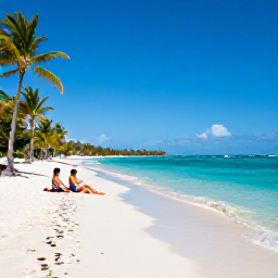 Caribbean Holidays, Caribbean Holidays, A bright Caribbean beach with clear turquoise water, soft white sand, palm trees and a relaxed couple enjoying the shoreline
