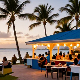 Caribbean Holidays, Caribbean Holidays, A colourful Caribbean evening scene with a waterfront restaurant, local food, gentle music, palm trees and visitors enjoying sunset