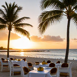 Caribbean Holidays, Caribbean Holidays, Caribbean sunset over palm-fringed beach in April with outdoor dinner tables and warm golden light
