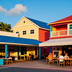 Caribbean Holidays, Caribbean Holidays, Colourful Caribbean resort promenade in April with outdoor tables, local shops and people enjoying warm evening sunshine