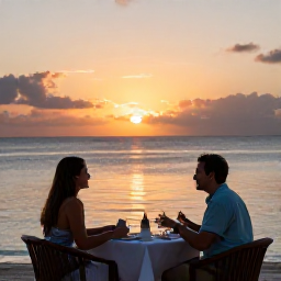 Caribbean Holidays, Caribbean Holidays, Couple enjoying a Caribbean sunset from a beachfront restaurant in May, warm evening light, calm sea and relaxed dining atmosphere