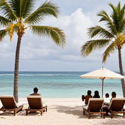 Caribbean Holidays, Caribbean Holidays in June, A comfortable Caribbean resort overlooking a calm beach in June, with sun loungers, palm trees and guests enjoying a relaxed afternoon