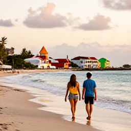 Caribbean Holidays, Caribbean Holidays in June, A couple walking along a quiet Caribbean beach at golden hour, with gentle waves and colourful local buildings in the distance