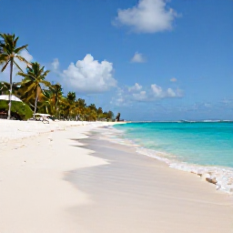 Caribbean Holidays, Caribbean Holidays in June, A sunlit Caribbean beach in June with turquoise water, soft white sand, palm trees and a few light clouds