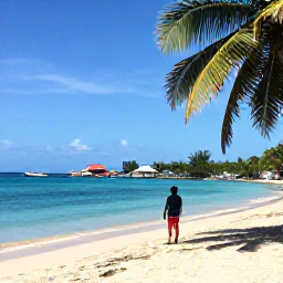 Caribbean Holidays, Caribbean Holidays in May, Quiet Caribbean beach beside a small fishing village, with turquoise water, palm trees and a traveller exploring local life in May