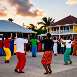 Caribbean Holidays, Caribbean Holidays in May, Traditional Caribbean music and dance performance in a village square at sunset, with colourful clothing and a friendly audience