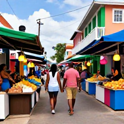 Caribbean Holidays, Caribbean Holidays May, Couple exploring a colourful Caribbean market street with local food, music and island architecture