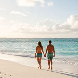 Caribbean Holidays, Caribbean Holidays May, Couple walking hand in hand along a quiet Caribbean beach at sunrise, turquoise sea and soft golden light