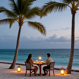 Caribbean Holidays, Caribbean Holidays May, Romantic Caribbean beach dinner for two at dusk, lanterns, palm trees and calm turquoise sea