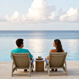 Caribbean Holidays, Caribbean Holidays May, Romantic couple relaxing on a stylish Caribbean resort terrace overlooking a calm blue sea