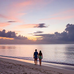 Caribbean Holidays, Caribbean Holidays October, Couple walking along a peaceful Caribbean beach at sunset with calm sea and colourful evening sky