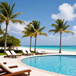 Caribbean Holidays, Caribbean Holidays, Peaceful Caribbean resort in May with swimming pool, palm trees, white sand beach and comfortable sun loungers under a bright sky