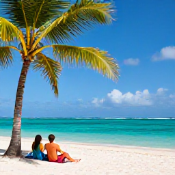 Caribbean Holidays, Caribbean Holidays, Sunny Caribbean beach in April with turquoise sea, white sand and a relaxed couple under palm trees