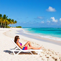 Caribbean Holidays, Caribbean Holidays, Traveller relaxing on a Caribbean sandy beach in May, turquoise sea, sun lounger, palm-fringed shoreline and gentle waves