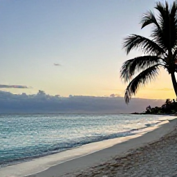 Caribbean Holidays, Caribbean Holidays, Wide Caribbean beach at sunset in May, calm turquoise water, soft golden light, palm trees and a relaxed holiday atmosphere