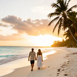 Caribbean Holidays, Caribbean Honeymoons, A newlywed couple walking hand in hand along a quiet Caribbean beach at sunset, warm golden light, turquoise sea and palm trees
