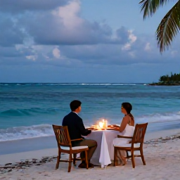 Caribbean Holidays, Caribbean Honeymoons, Couple enjoying a private dinner for two on a Caribbean beach, candlelit table, gentle waves and tropical evening sky