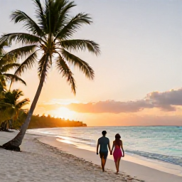 Caribbean Holidays, Caribbean Honeymoons, Couple walking hand in hand along a quiet Caribbean beach at sunset, warm light, palm trees and calm turquoise sea