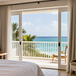 Caribbean Holidays, Caribbean Honeymoons, Elegant Caribbean honeymoon resort suite with open doors to a sea-view balcony, white linen, tropical plants and soft morning sunlight