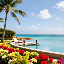 Caribbean Holidays, Caribbean Honeymoons, Elegant Caribbean resort with an infinity pool overlooking a calm turquoise sea, palm trees and bright tropical gardens