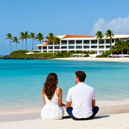 Caribbean Holidays, Caribbean Honeymoons, Happy newlywed couple relaxing on a Caribbean beach with palm trees, clear water and a stylish resort in the background