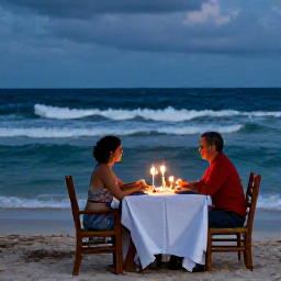Caribbean Holidays, Caribbean Honeymoons, Honeymoon couple enjoying a candlelit dinner beside the Caribbean sea, tropical evening, gentle waves and discreet romantic lighting